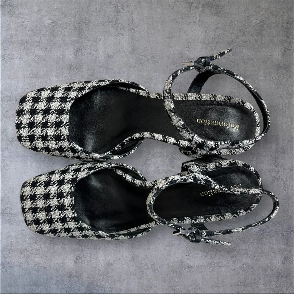 Reformation Marisol Platform Heel Shoes Black White Houndstooth Fabric Women 7
